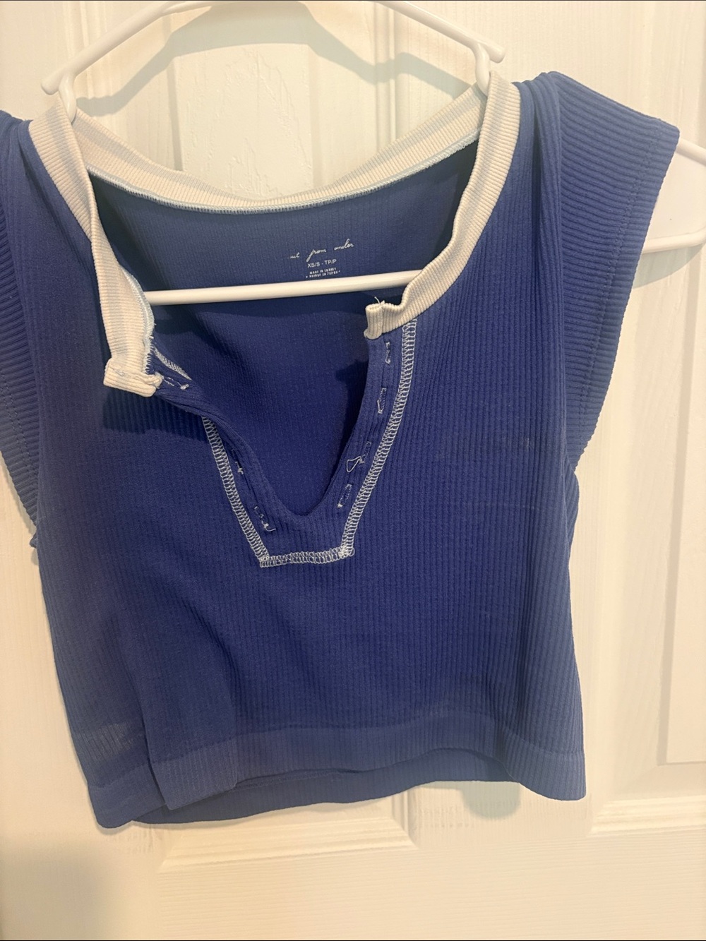 Urban Outfitters Ribbed V-Neck Crop Tank - Blue with White Trim